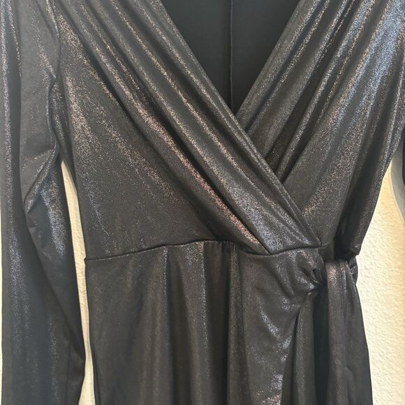 BCBGENERATION Womens Black Metallic Long Sleeve Wrap Dress Small Whimsigoth - Picture 7 of 7